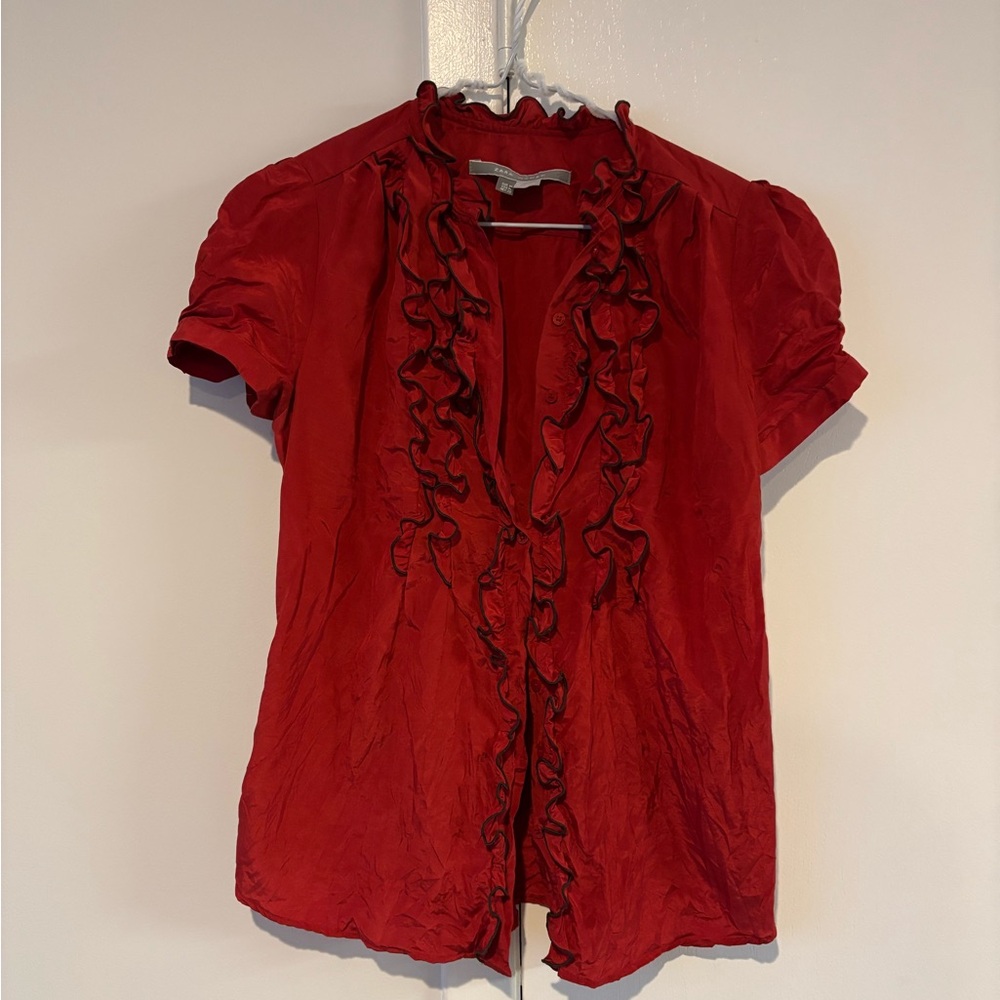 ZARA Red Silk Ruffled Blouse
